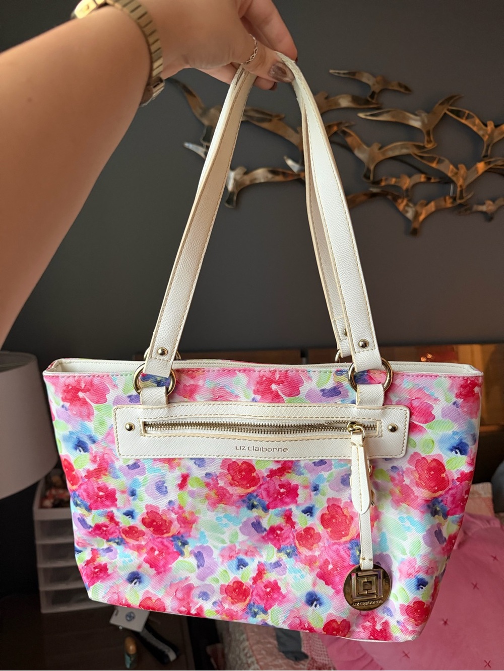 Liz Claiborne Pink Floral Tote with White Trim